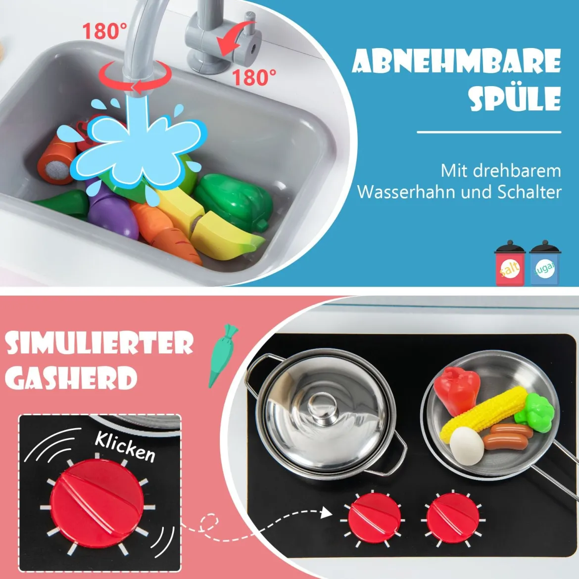 Holz Kinderküche inkl. 18 Zubehör Spielküche mit Spüle & Mikrowelle Spielzeugküche