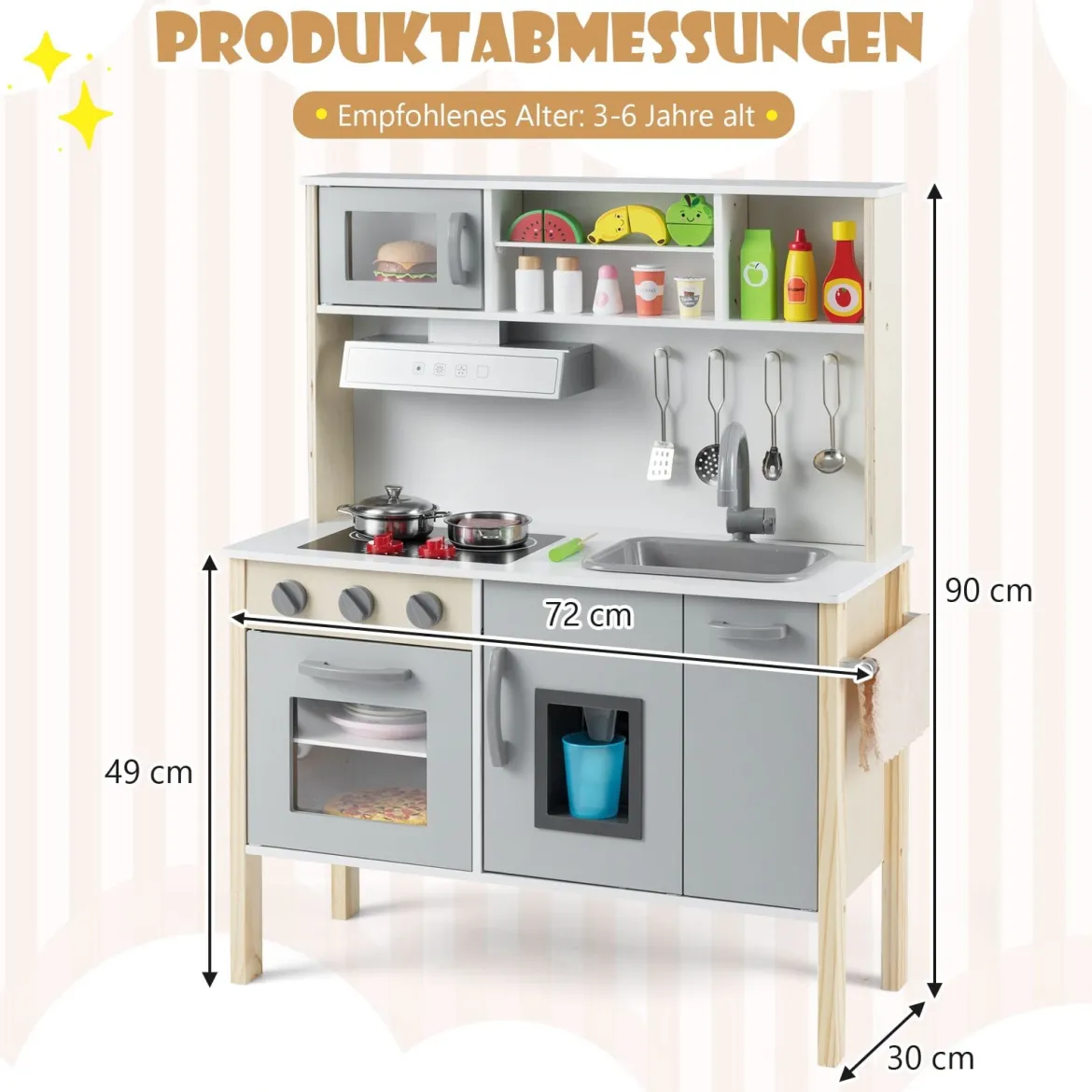 Holz Kinderküche inkl. 18 Zubehör Spielküche mit Spüle & Mikrowelle Spielzeugküche