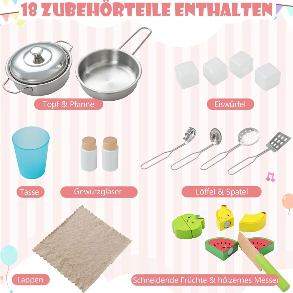Holz Kinderküche inkl. 18 Zubehör Spielküche mit Spüle & Mikrowelle Spielzeugküche
