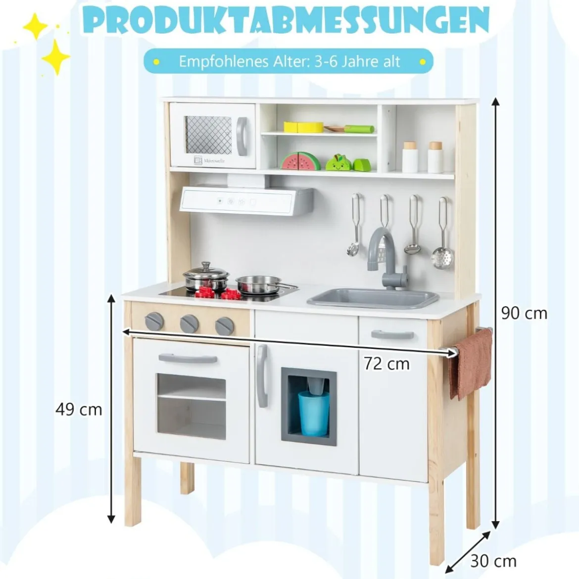 Holz Kinderküche inkl. 18 Zubehör Spielküche mit Spüle & Mikrowelle Spielzeugküche