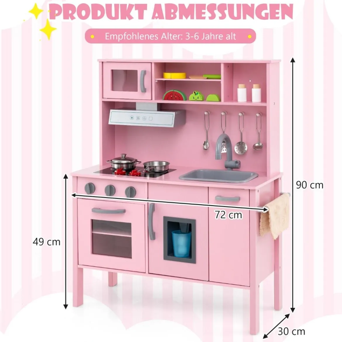 Holz Kinderküche inkl. 18 Zubehör Spielküche mit Spüle & Mikrowelle Spielzeugküche