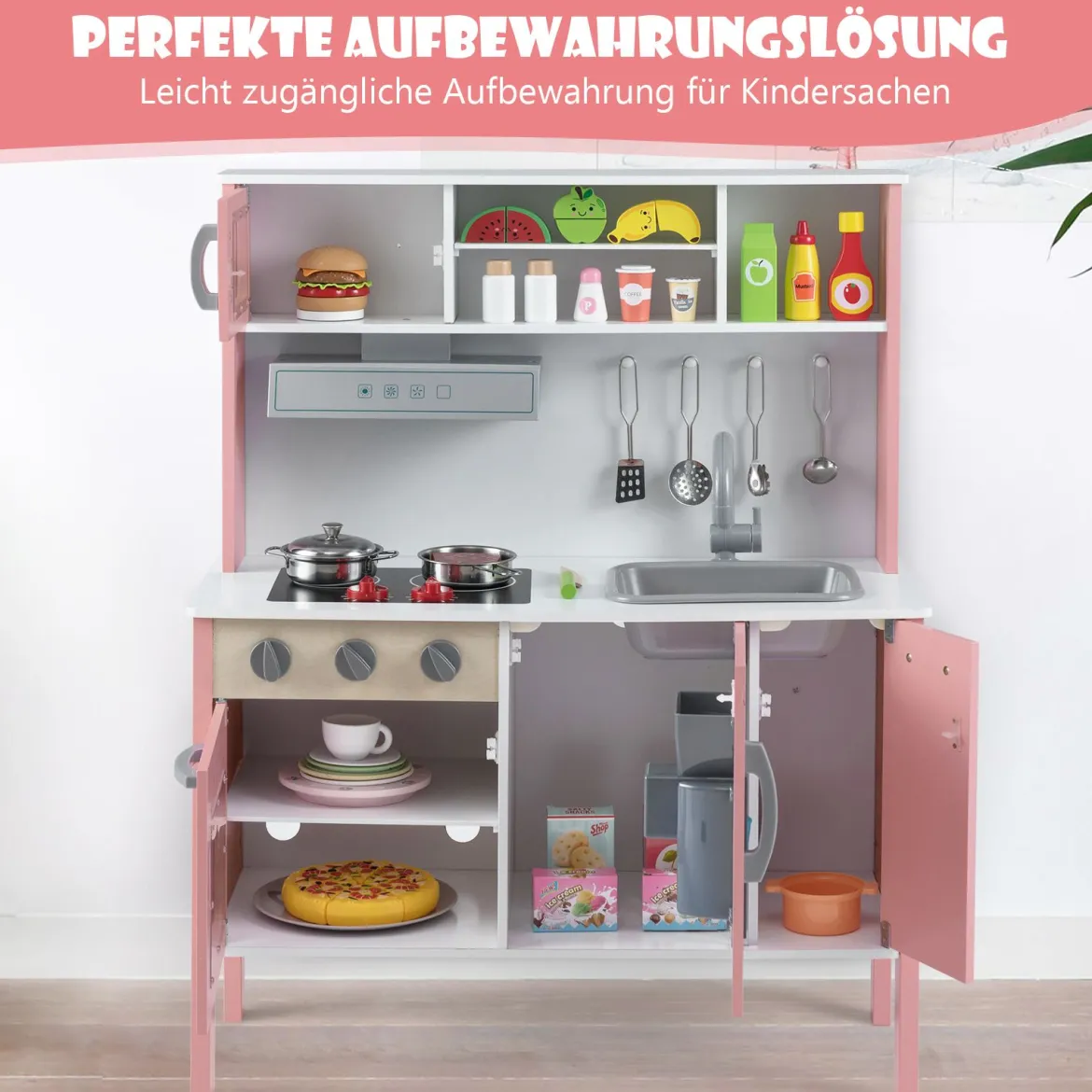 Holz Kinderküche inkl. 18 Zubehör Spielküche mit Spüle & Mikrowelle Spielzeugküche