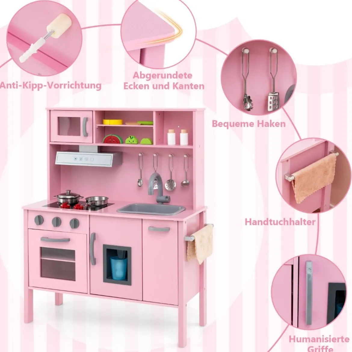 Holz Kinderküche inkl. 18 Zubehör Spielküche mit Spüle & Mikrowelle Spielzeugküche
