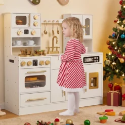 Holz Kinderküche mit Herd & Spüle Holzküche mit Licht & Sound Spielküche inkl. Zubehör Weiß