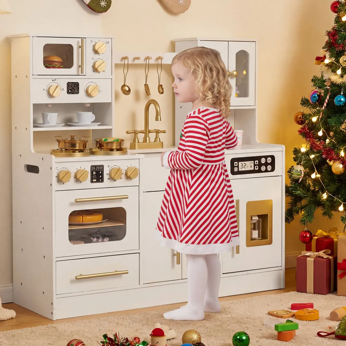 Holz Kinderküche mit Herd & Spüle Holzküche mit Licht & Sound Spielküche inkl. Zubehör Weiß