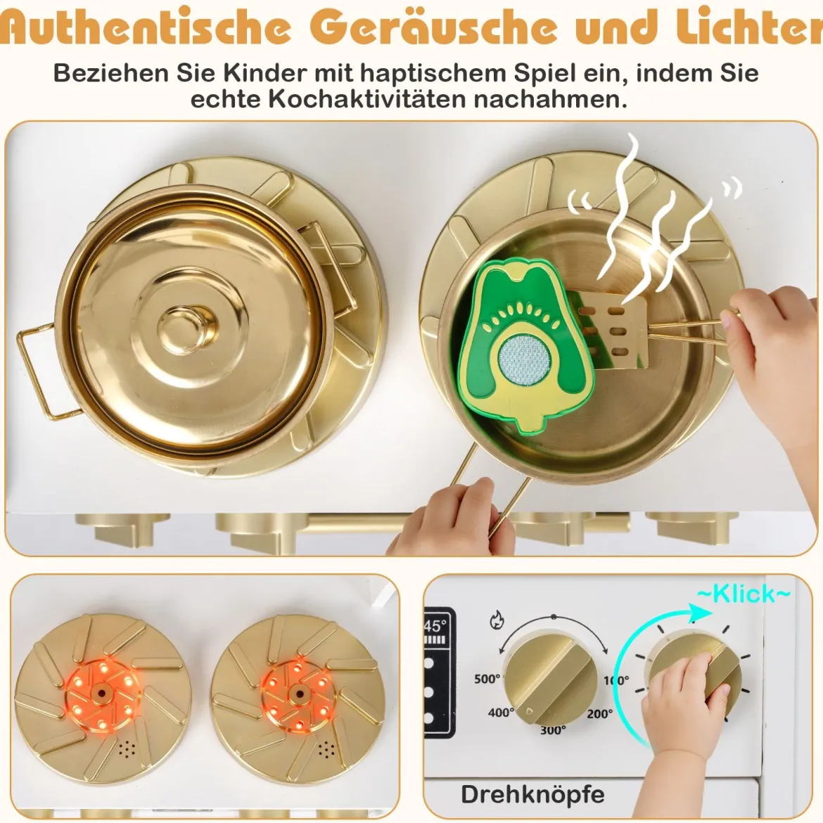 Holz Kinderküche mit Herd & Spüle Holzküche mit Licht & Sound Spielküche inkl. Zubehör Weiß
