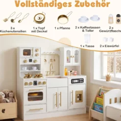Holz Kinderküche mit Herd & Spüle Holzküche mit Licht & Sound Spielküche inkl. Zubehör Weiß