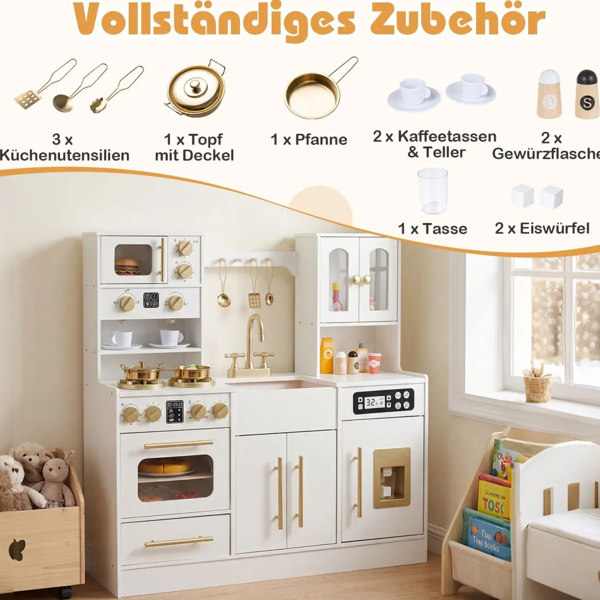Holz Kinderküche mit Herd & Spüle Holzküche mit Licht & Sound Spielküche inkl. Zubehör Weiß