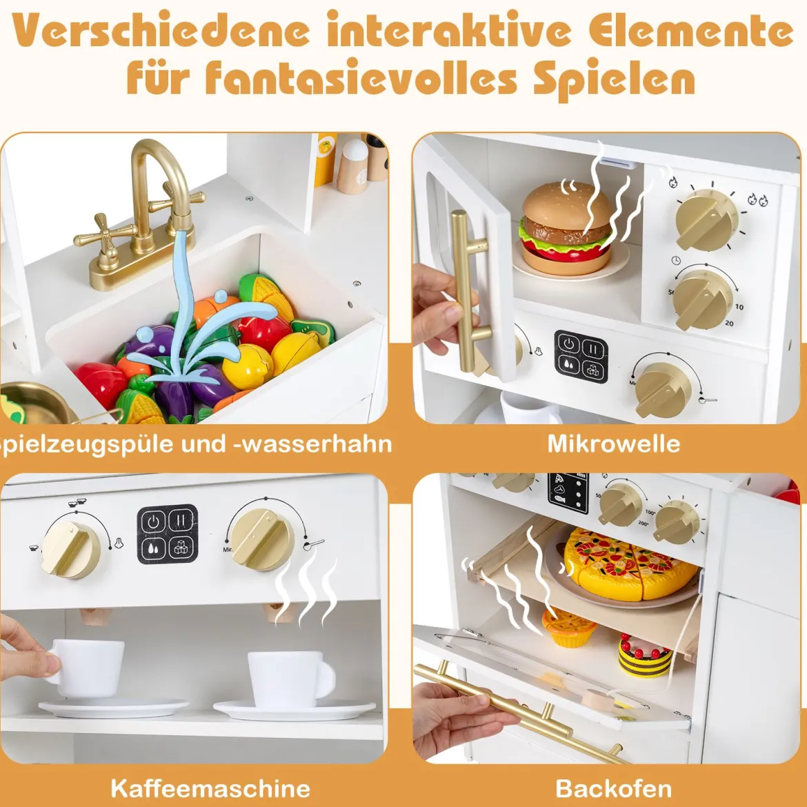 Holz Kinderküche mit Herd & Spüle Holzküche mit Licht & Sound Spielküche inkl. Zubehör Weiß