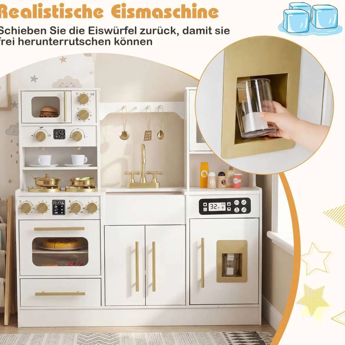 Holz Kinderküche mit Herd & Spüle Holzküche mit Licht & Sound Spielküche inkl. Zubehör Weiß
