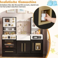 Holz Kinderküche mit Herd & Spüle Holzküche mit Licht & Sound Spielküche inkl. Zubehör Schwarz