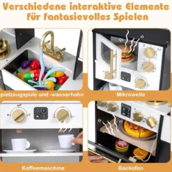 Holz Kinderküche mit Herd & Spüle Holzküche mit Licht & Sound Spielküche inkl. Zubehör Schwarz