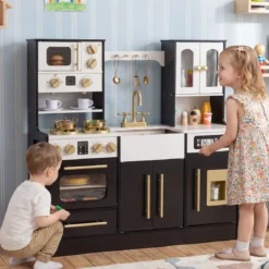 Holz Kinderküche mit Herd & Spüle Holzküche mit Licht & Sound Spielküche inkl. Zubehör Schwarz