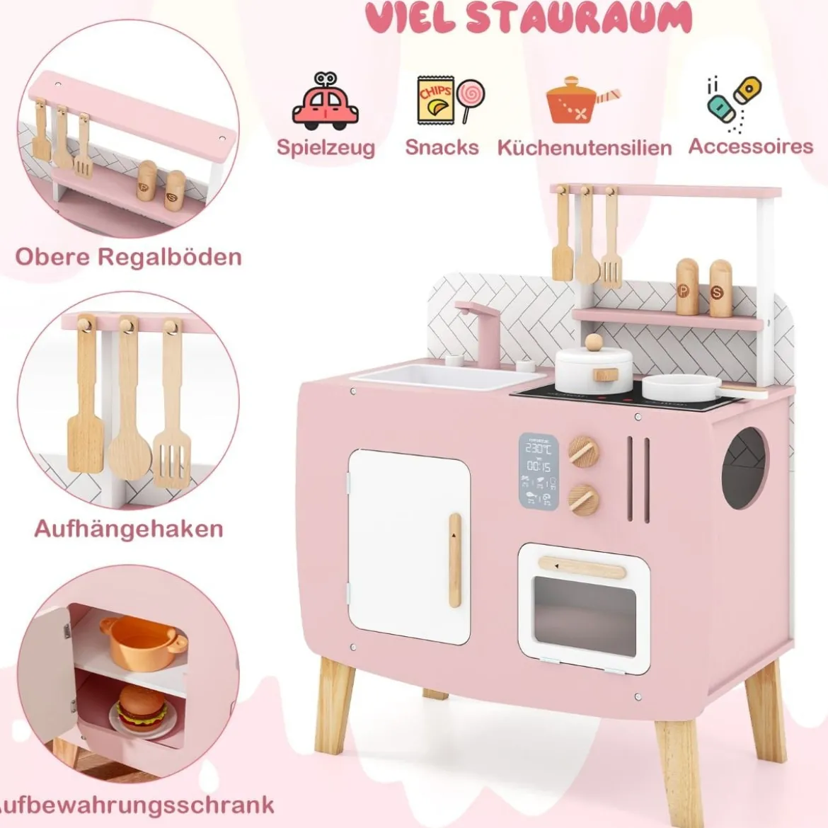 Holz Kinderküche mit Kochgeschirr Holz Spielküche mit Herd & Spüle Küchen Spielset Rosa