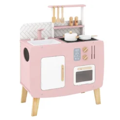 Holz Kinderküche mit Kochgeschirr Holz Spielküche mit Herd & Spüle Küchen Spielset Rosa