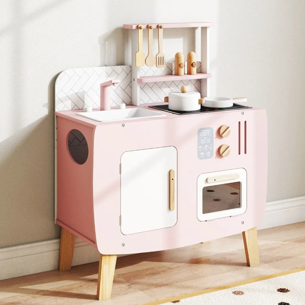 Holz Kinderküche mit Kochgeschirr Holz Spielküche mit Herd & Spüle Küchen Spielset Rosa