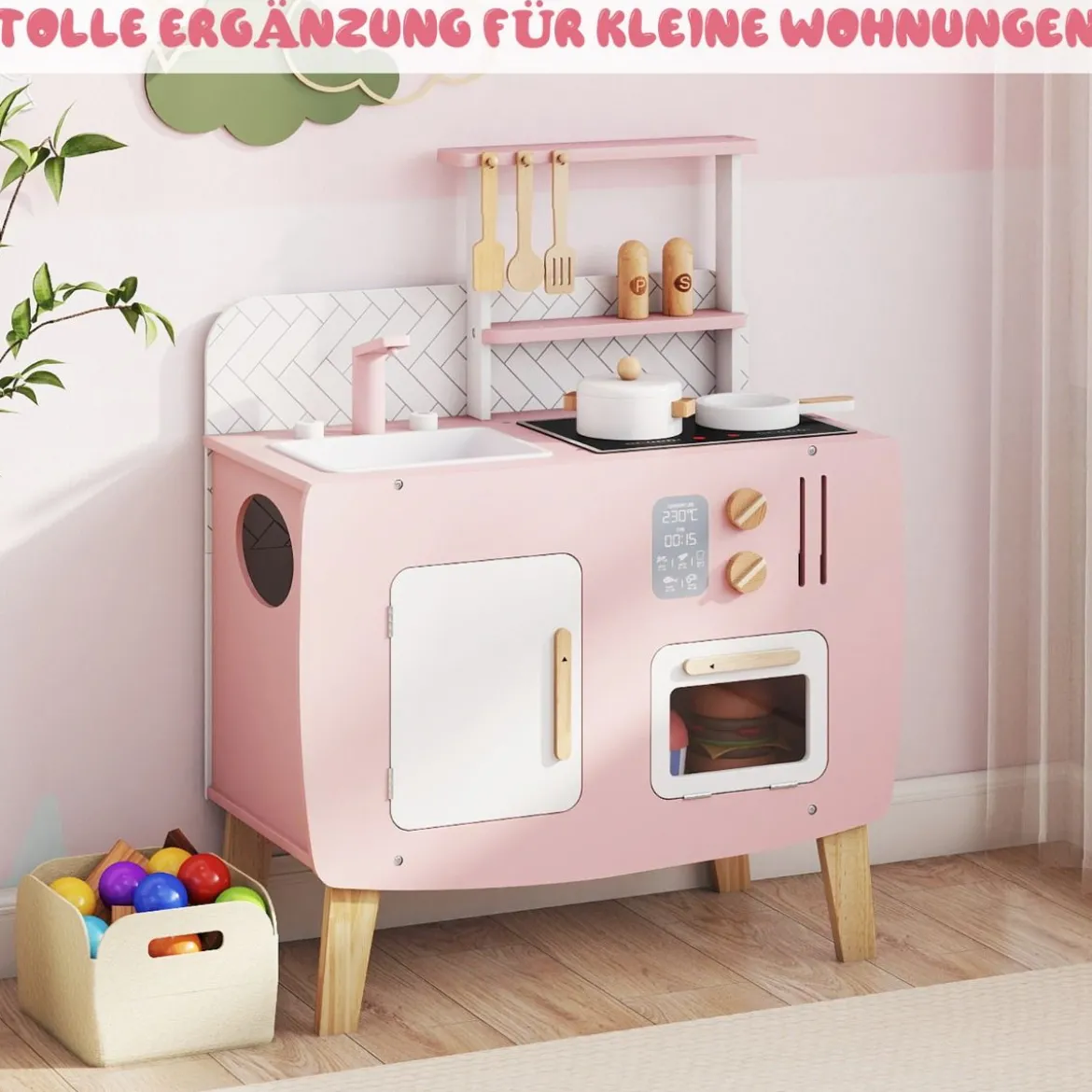 Holz Kinderküche mit Kochgeschirr Holz Spielküche mit Herd & Spüle Küchen Spielset Rosa