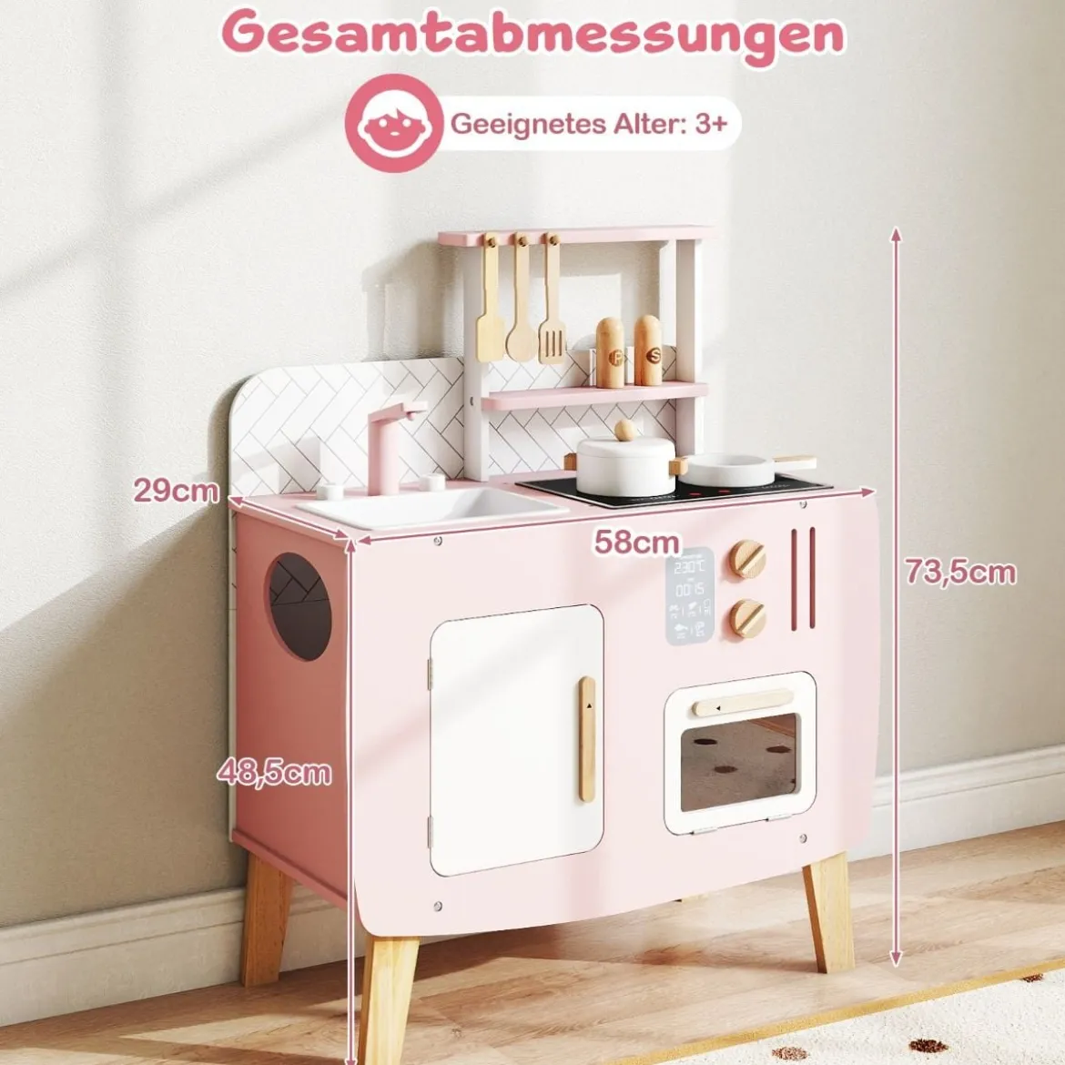 Holz Kinderküche mit Kochgeschirr Holz Spielküche mit Herd & Spüle Küchen Spielset Rosa