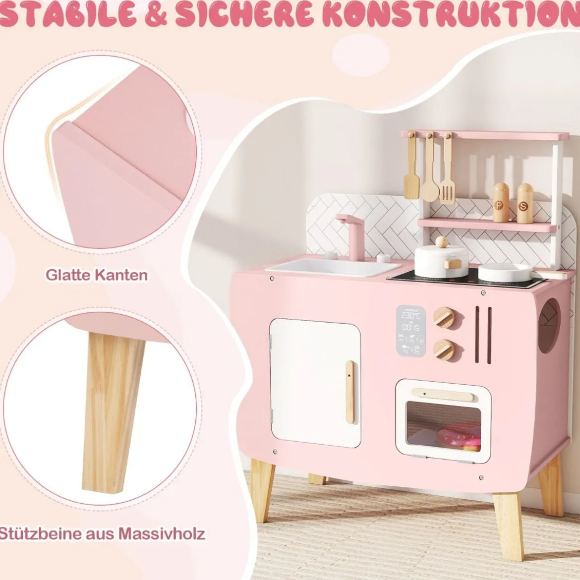 Holz Kinderküche mit Kochgeschirr Holz Spielküche mit Herd & Spüle Küchen Spielset Rosa