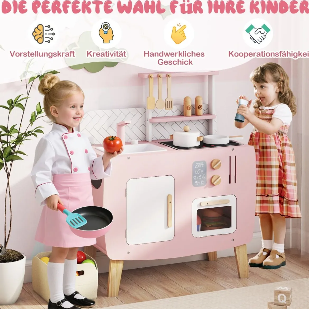 Holz Kinderküche mit Kochgeschirr Holz Spielküche mit Herd & Spüle Küchen Spielset Rosa