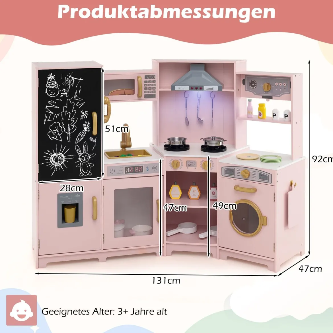 Holz Kinderküche mit Licht & Sound Eck Spielküche mit Tafel & Mikrowell & Spüle Holzküche Rosa