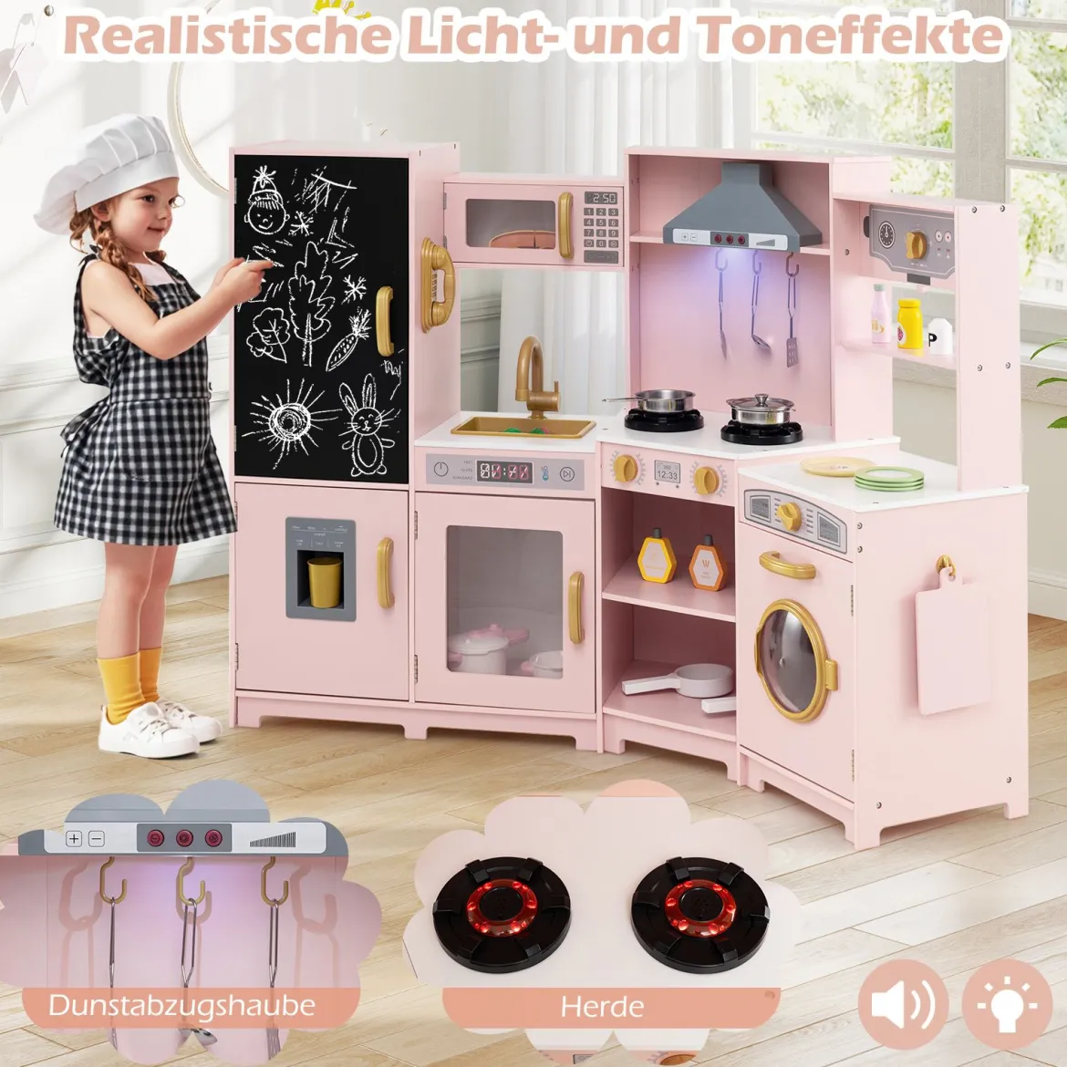 Holz Kinderküche mit Licht & Sound Eck Spielküche mit Tafel & Mikrowell & Spüle Holzküche Rosa