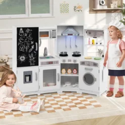 Holz Kinderküche mit Licht & Sound Eck Spielküche mit Tafel & Mikrowell & Spüle Holzküche Weiß