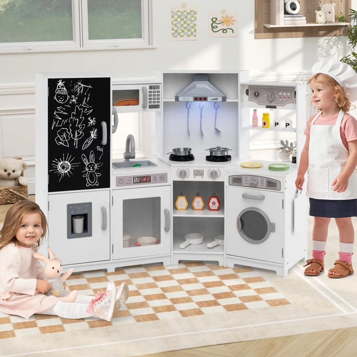 Holz Kinderküche mit Licht & Sound Eck Spielküche mit Tafel & Mikrowell & Spüle Holzküche Weiß