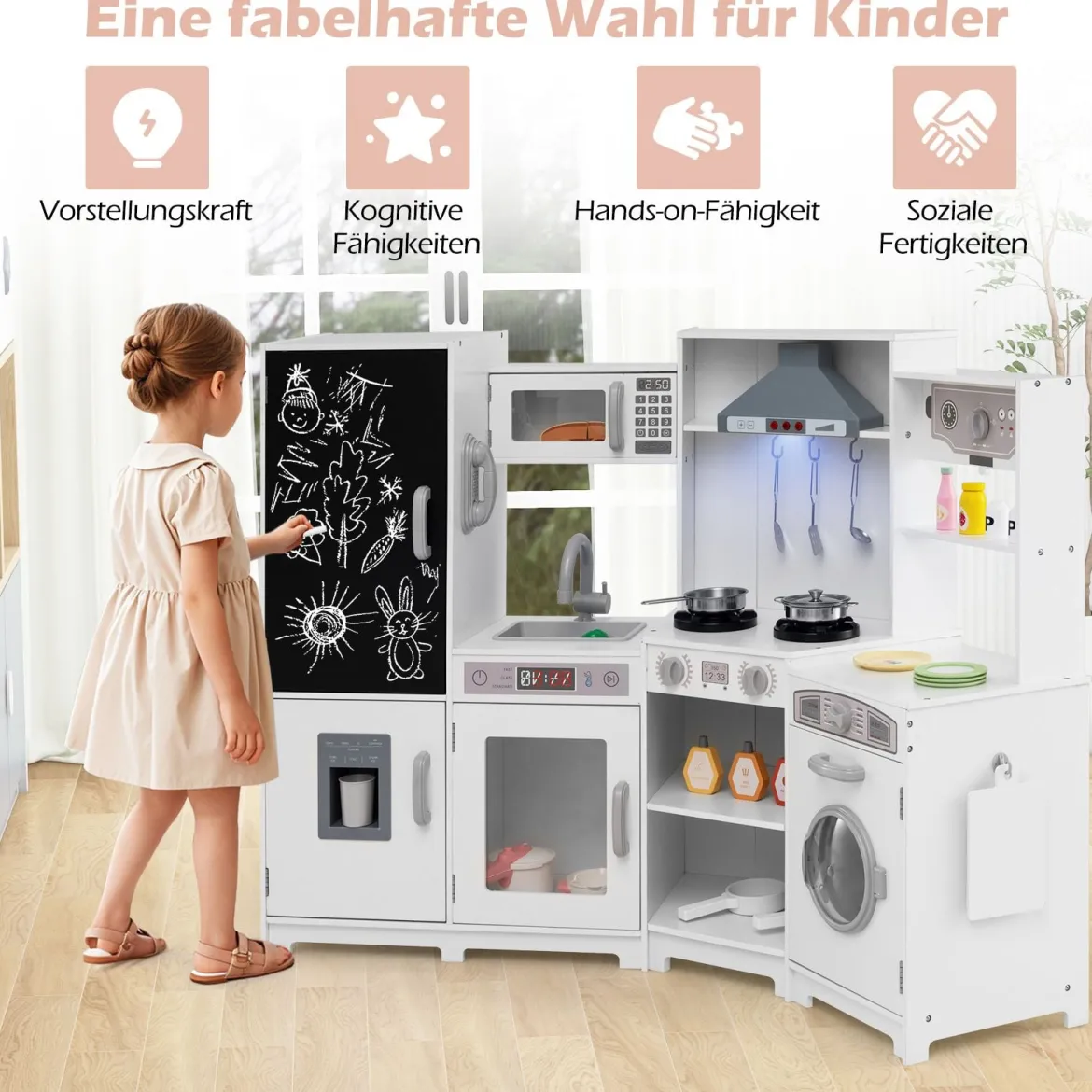 Holz Kinderküche mit Licht & Sound Eck Spielküche mit Tafel & Mikrowell & Spüle Holzküche Weiß