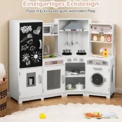 Holz Kinderküche mit Licht & Sound Eck Spielküche mit Tafel & Mikrowell & Spüle Holzküche Weiß