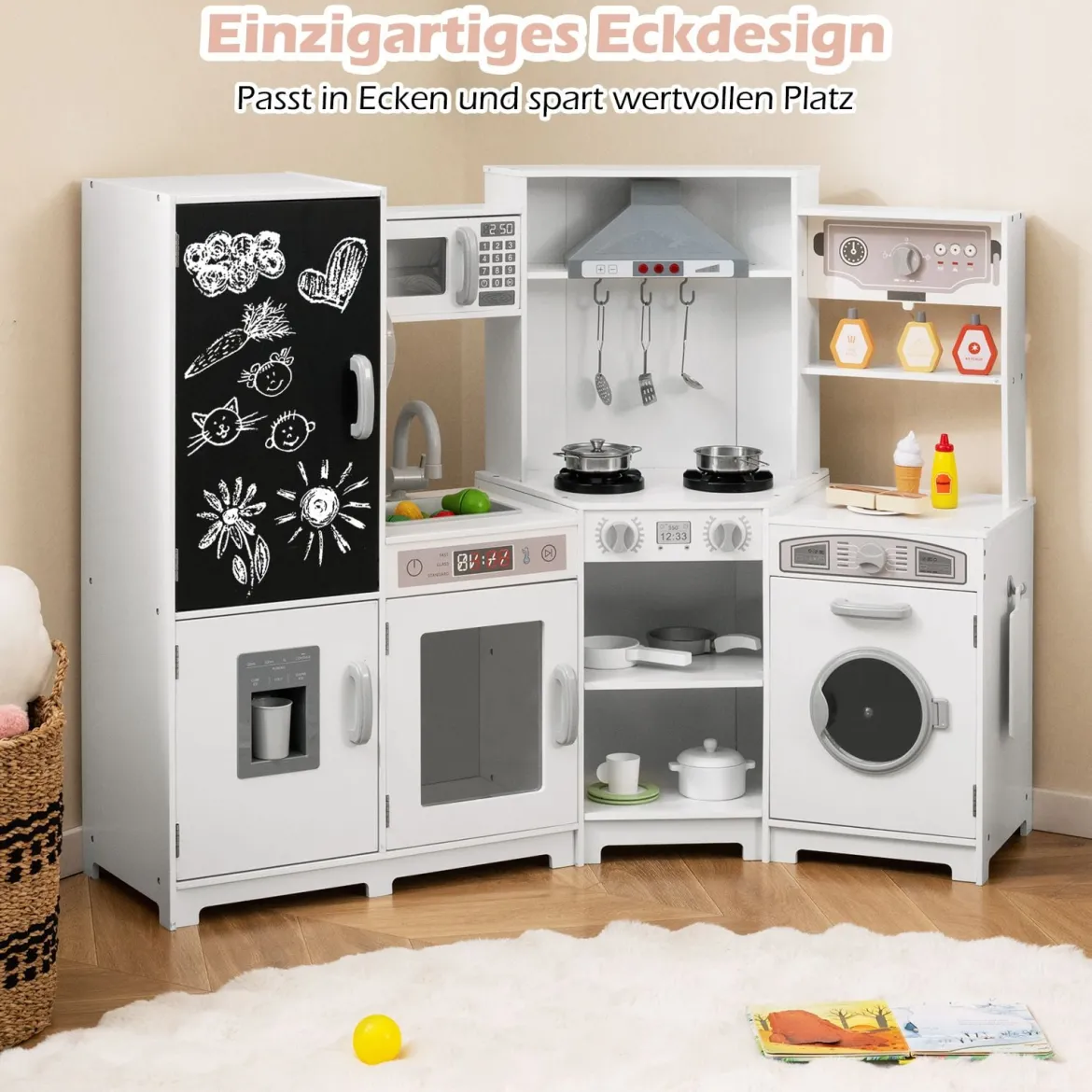 Holz Kinderküche mit Licht & Sound Eck Spielküche mit Tafel & Mikrowell & Spüle Holzküche Weiß