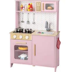Holz Kinderküche mit Mikrowelle & Herd & Spüle & Backofen Spielküche Kinder Küche Rosa
