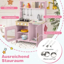 Holz Kinderküche mit Mikrowelle & Herd & Spüle & Backofen Spielküche Kinder Küche Rosa