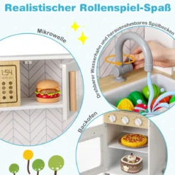Holz Kinderküche mit Mikrowelle & Herd & Spüle & Backofen Spielküche Kinder Küche Weiß