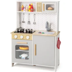 Holz Kinderküche mit Mikrowelle & Herd & Spüle & Backofen Spielküche Kinder Küche Weiß