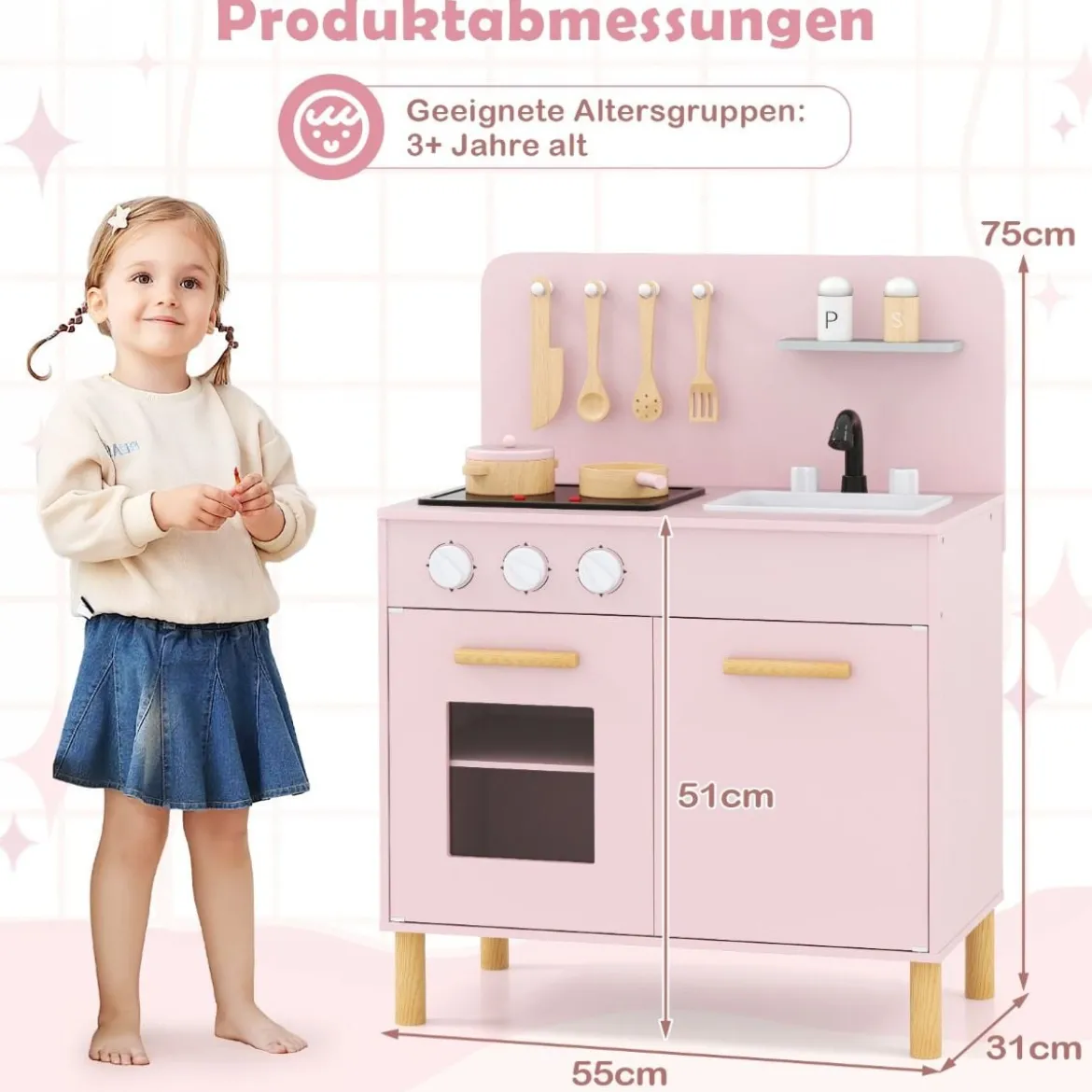 Holz Kinderküche mit 10 Zubehör Spielküche mit Licht & Sound SpielzeugkücheKüchen Spielset