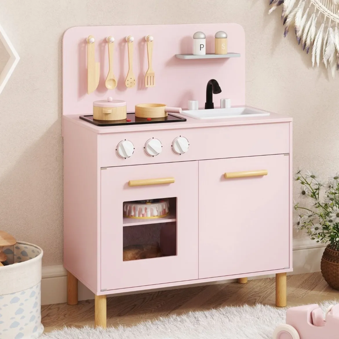 Holz Kinderküche mit 10 Zubehör Spielküche mit Licht & Sound SpielzeugkücheKüchen Spielset