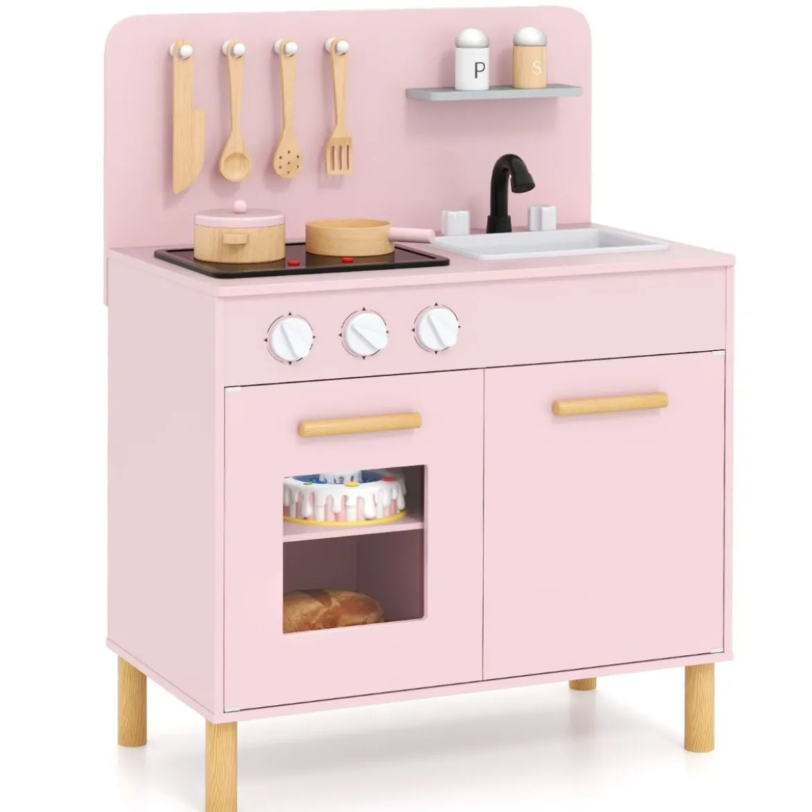 Holz Kinderküche mit 10 Zubehör Spielküche mit Licht & Sound SpielzeugkücheKüchen Spielset