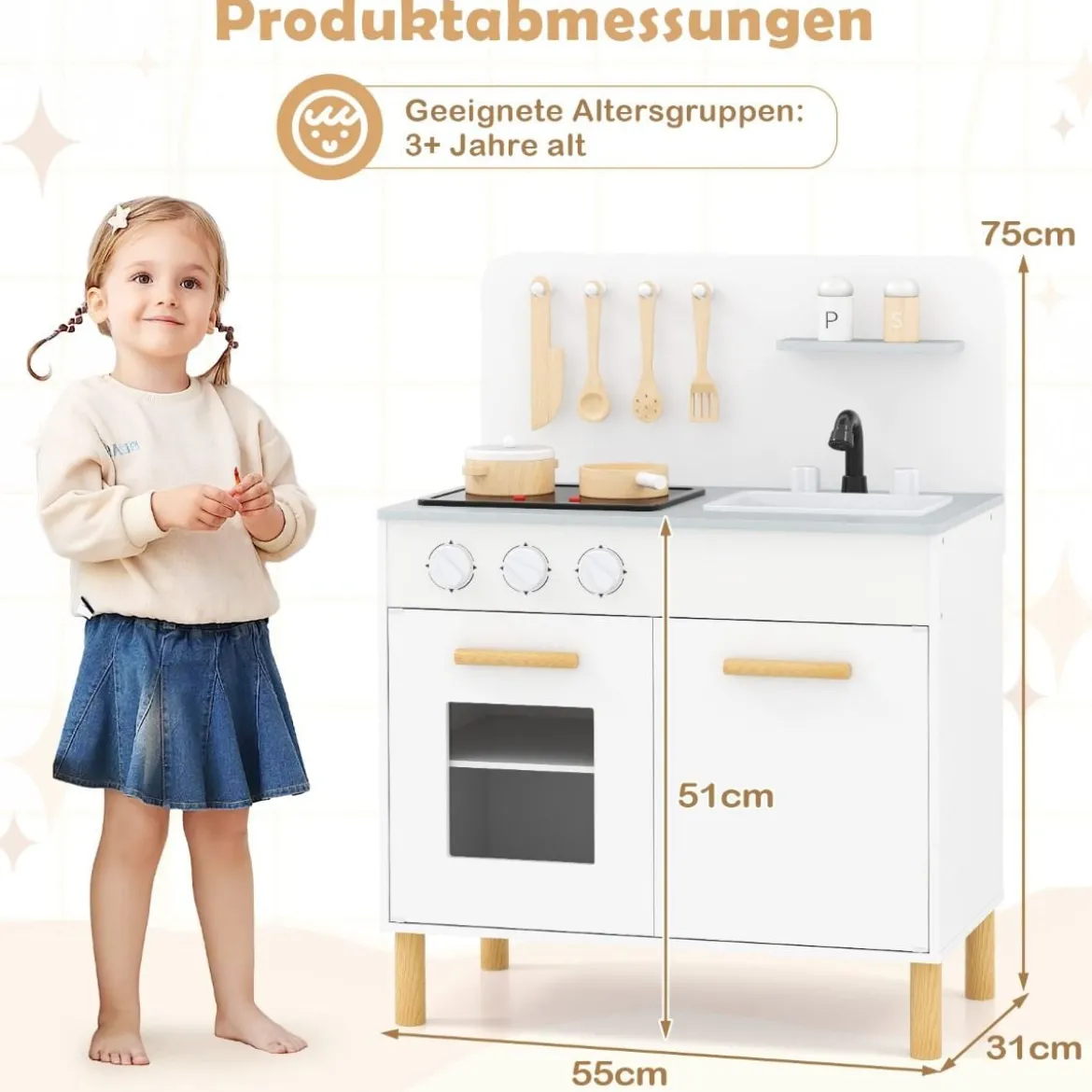 Holz Kinderküche mit 10 Zubehör Spielküche mit Licht & Sound SpielzeugkücheKüchen Spielset