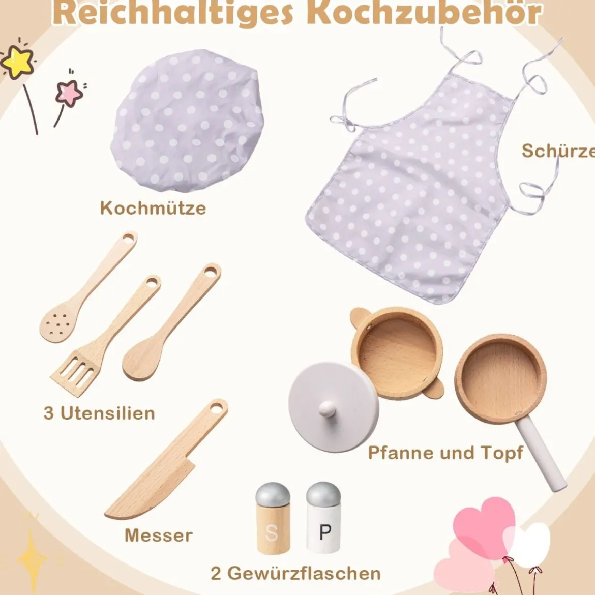 Holz Kinderküche mit 10 Zubehör Spielküche mit Licht & Sound SpielzeugkücheKüchen Spielset