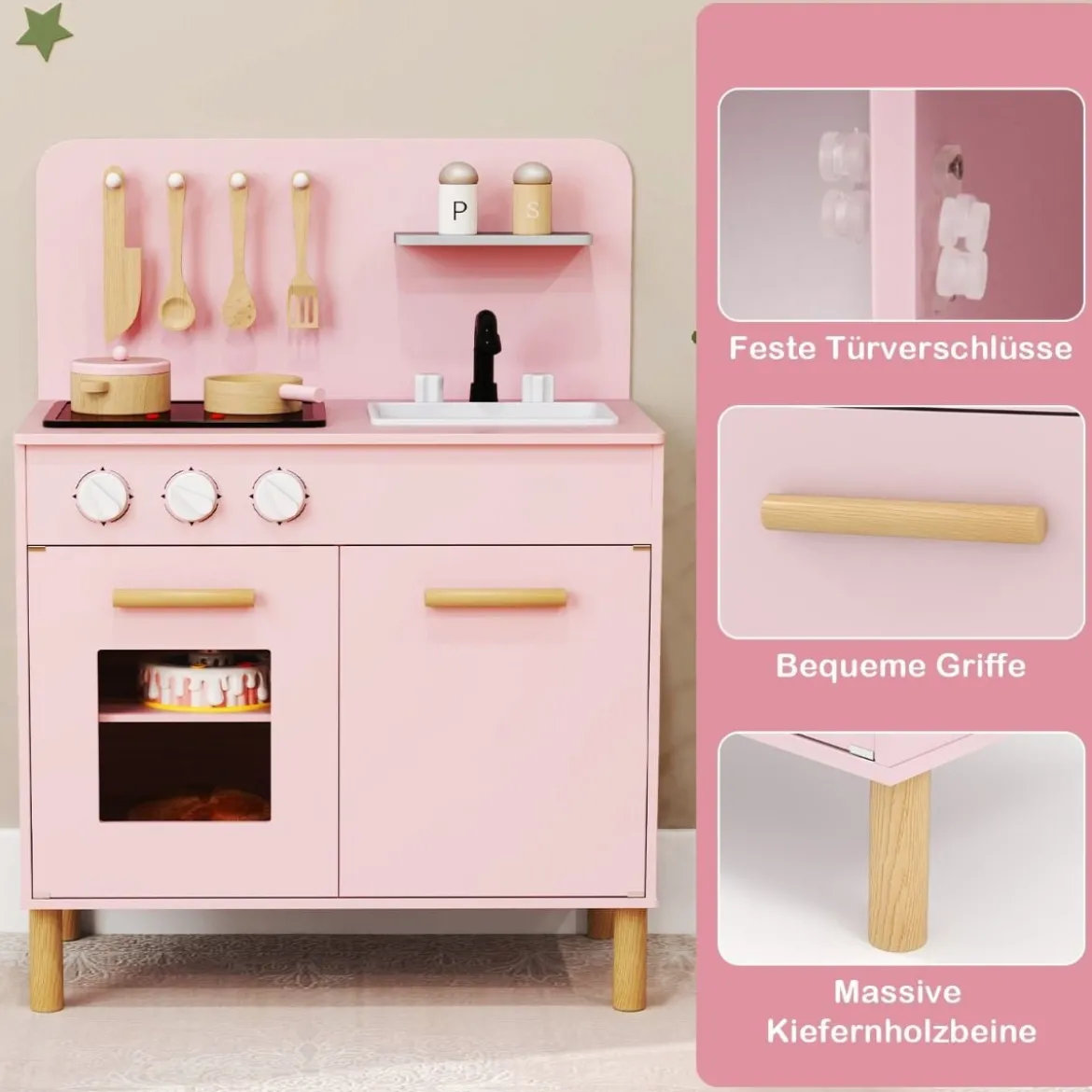 Holz Kinderküche mit 10 Zubehör Spielküche mit Licht & Sound SpielzeugkücheKüchen Spielset
