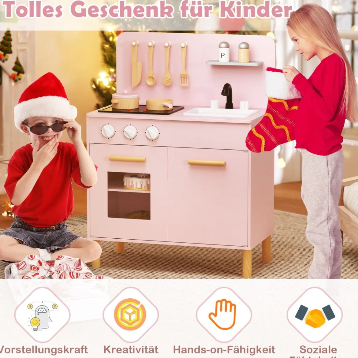 Holz Kinderküche mit 10 Zubehör Spielküche mit Licht & Sound SpielzeugkücheKüchen Spielset