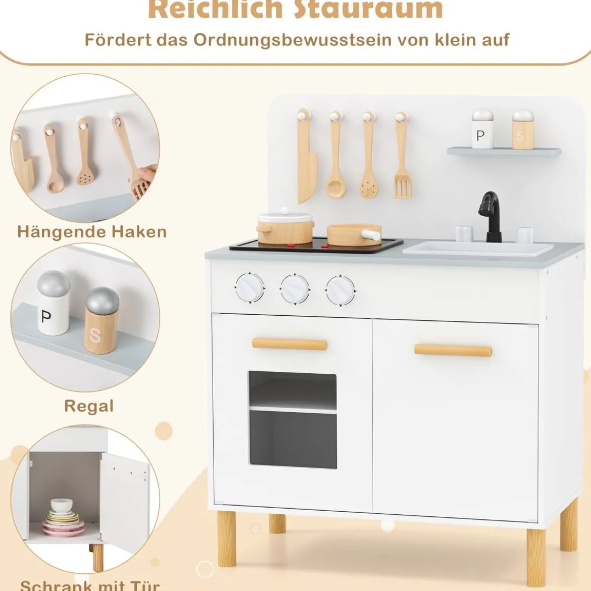 Holz Kinderküche mit 10 Zubehör Spielküche mit Licht & Sound SpielzeugkücheKüchen Spielset