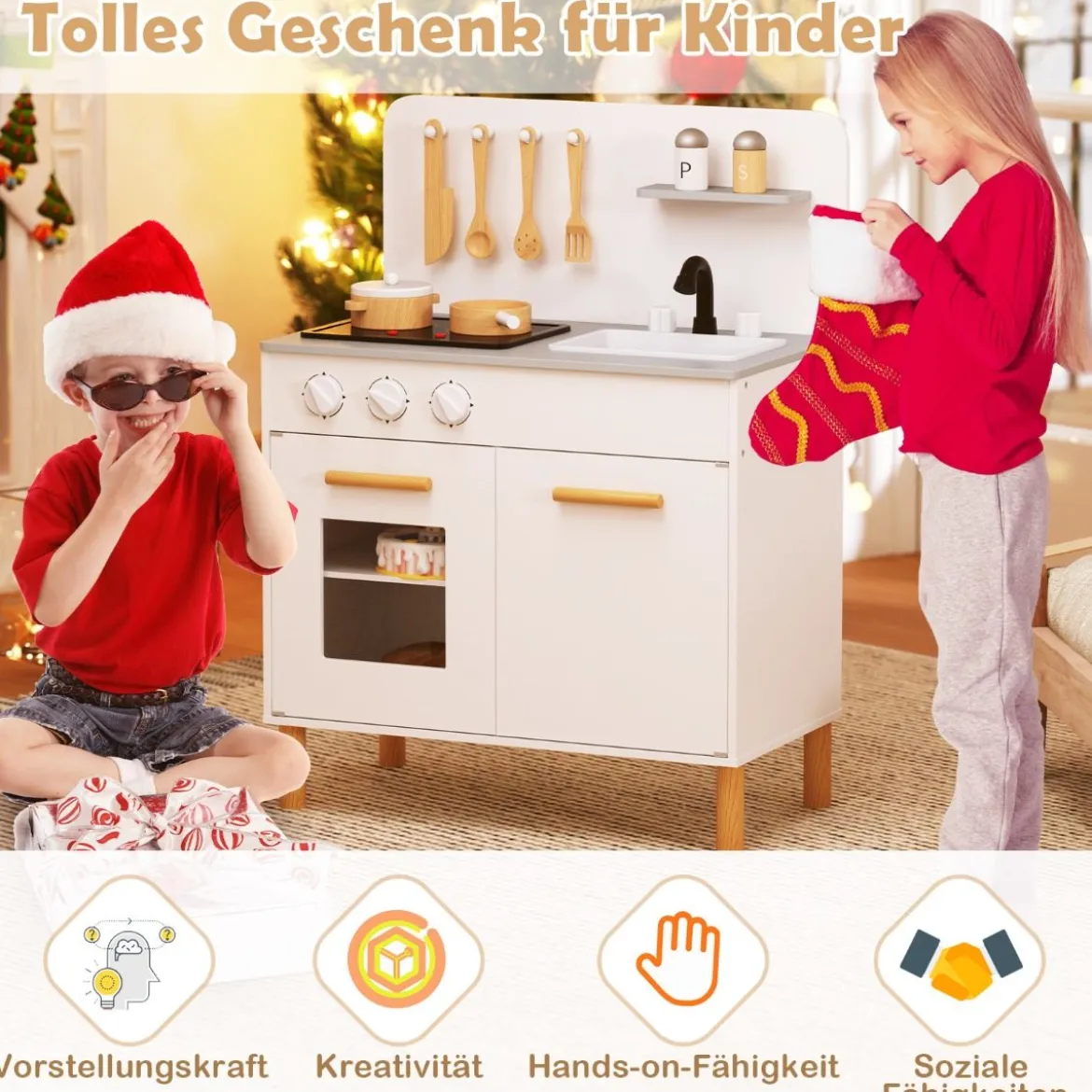 Holz Kinderküche mit 10 Zubehör Spielküche mit Licht & Sound SpielzeugkücheKüchen Spielset
