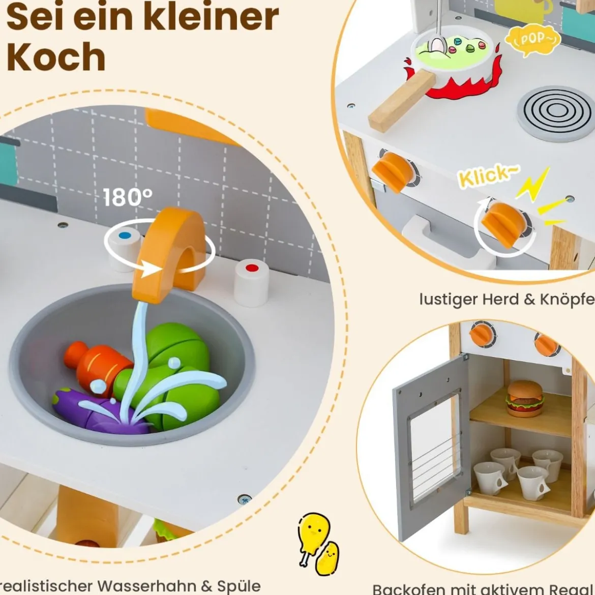 Holz Kinder Spielküchen-Set Spielküchen-Spielzeugset mit Kochgeschirr 57 x 26 x 82 cm