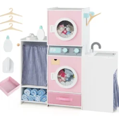 Holz Kinder-Wäsche-Set Spielzeug Waschmaschine mit Waschmittelflasche Bügeleisen Rosa