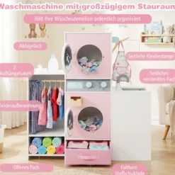 Holz Kinder-Wäsche-Set Spielzeug Waschmaschine mit Waschmittelflasche Bügeleisen Rosa