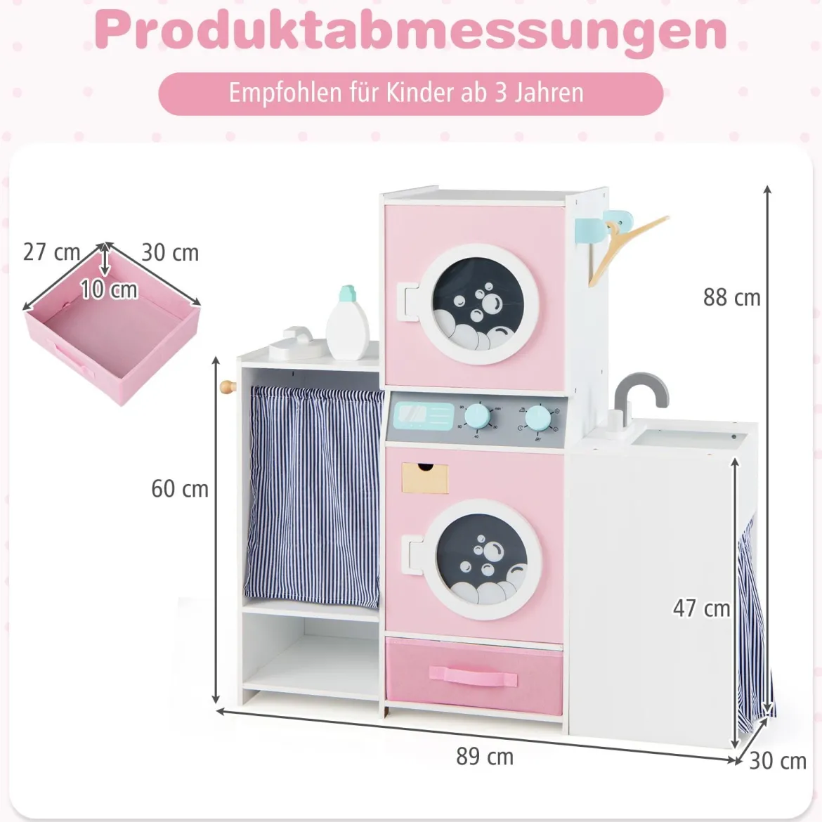 Holz Kinder-Wäsche-Set Spielzeug Waschmaschine mit Waschmittelflasche Bügeleisen Rosa
