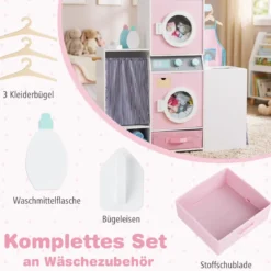 Holz Kinder-Wäsche-Set Spielzeug Waschmaschine mit Waschmittelflasche Bügeleisen Rosa