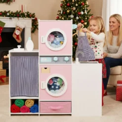 Holz Kinder-Wäsche-Set Spielzeug Waschmaschine mit Waschmittelflasche Bügeleisen Rosa